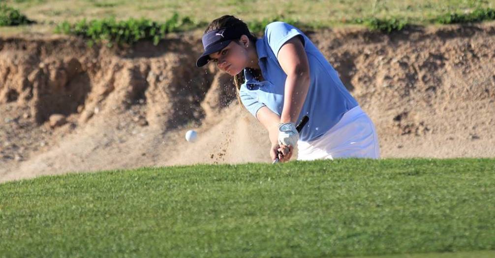 Sophomore Elizabeth Satterfield (Ironwood Ridge HS) tied for eighth place with a two-day score of 173 (90-83). The Aztecs finished in second place for the fifth time this season. Photo by Ricky Price