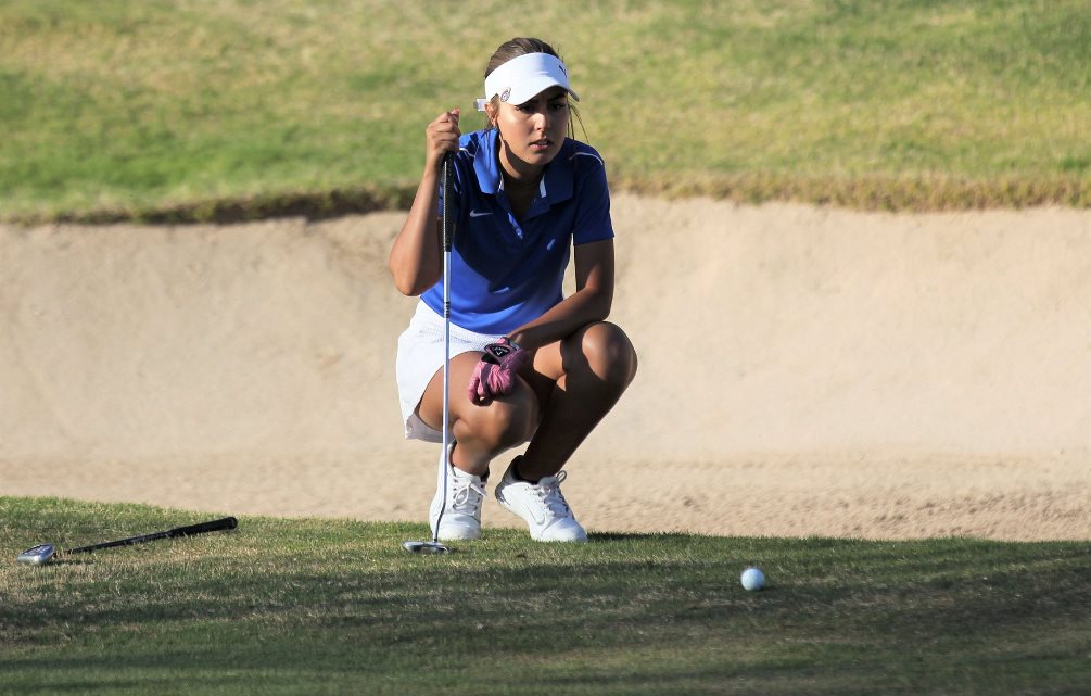 Freshman Katelyn Hutchison shot a 98 in the second round of play on Wednesday. The Aztecs sit in 18th place in the team standings. They close out play on Thursday at the LPGA International course as they begin to tee off at 7:30 a.m. Photo by Rick Price.