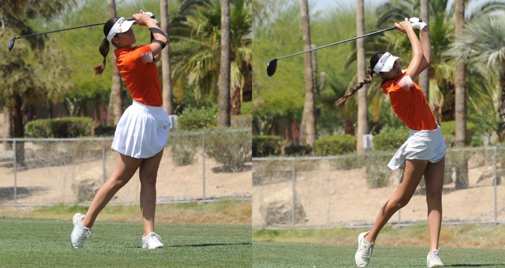 Aztecs women's golf sophomores Maria Harrouch and Angelica Martinez (Tucson Magnet HS) opened play at the NJCAA Division I National Championships on Tuesday at the Buffalo Dunes Golf Course in Garden City, KS. Harrouch shot a 3-over par 75 and sits tied for 10th place. Martinez finished with a 8-over par 80 and is tied for 30th. They will compete in the second round on Wednesday, Photos by Raymond Suarez
