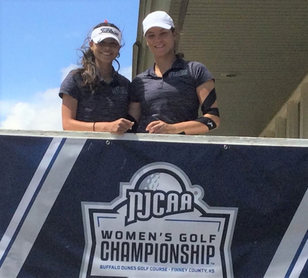 Sophomores Angelica Martinez (Tuvcson Magnet HS) and Maria Harrouch closed out play at the NJCAA Division I National Tournament on Friday in Garden City, Kansas. Harrouch tied for 16th place and is now a two-time NJCAA All-American as she tied for 16th place with a 311 (75-76-80-80). Martinez tied for 44th place with a 328 (80-80-80-88). Photo courtesy of April Jessee.