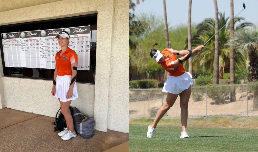 Sophomore Maria Harrouch won her sixth straight tournament as she was tops in the individual standings at the Southwest District Championships. She shot a personal career-best of 66 (six-under par) in the final round as she finished with a 207 (69-72-66). Photos by Raymond Suarez