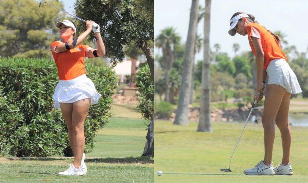 Sophomores Maria Harrouch and Angelica Martinez (Tucson Magnet HS) completed the second round of play at the NJCAA Division I National Championships on Wednesday in Garden City, KS. Harrouch shot a 4-over par 76 and is tied for fourth place and three-strokes behind the leader. Martinez is tied for 32nd place with a two-day score of 160 (80-80). Photos by Raymond Suarez