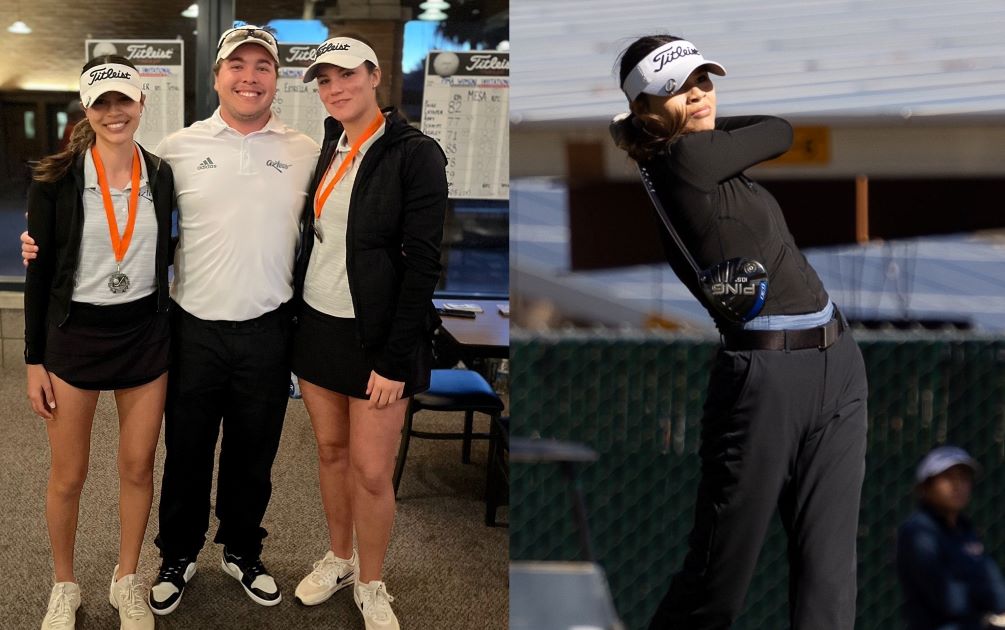 Sophomores Angelica Martinez (Tucson Magnet HS) and Maria Harrouch earned medalist honors to open the 2023 season at the Pima Invitational (with coach Marcus Smith). Martinez was the top Pima finisher as she took second place with a score of 153 (77-76). Photos by Raymond Suarez and Stephanie van Latum