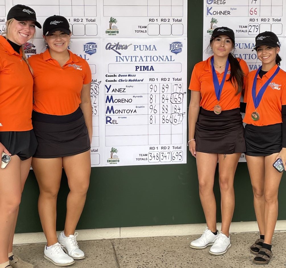 Sophomore Myranda Moreno (165-81-84) and Arianna Rel (167-81-86) earned medalist honors with their fifth and sixth place finishes respectively in the final individual standings as the Aztecs Women's Golf team took second place in the team standings with a 695 (348-347). (Left to right): Brooklin Montoya, Kayley Yanez, Myranda Moreno and Arianna Rel/Photo courtesy of Chris Hubbard.
