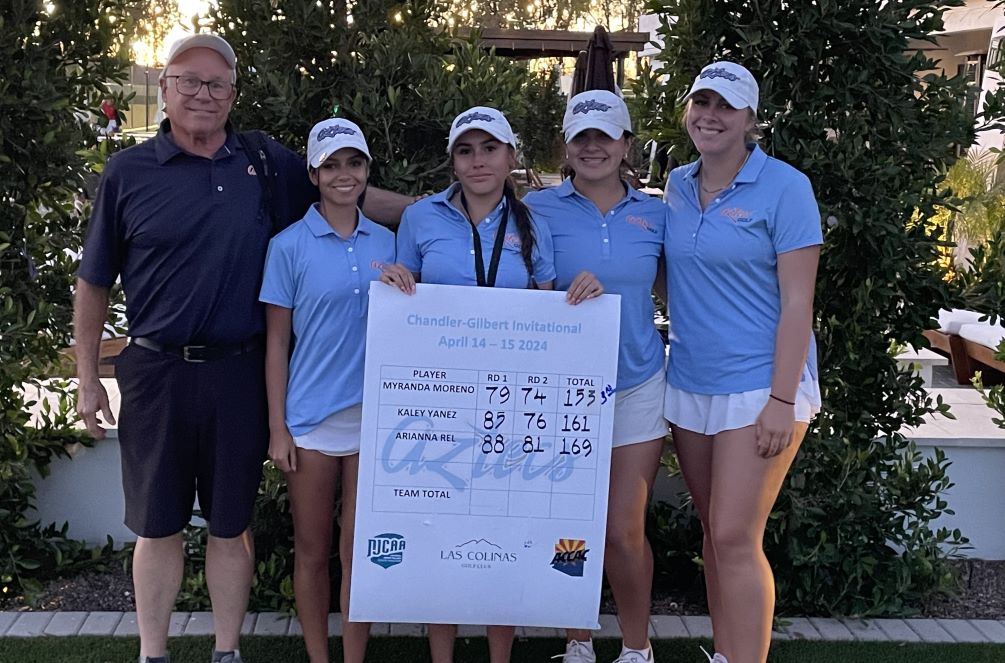 Sophomore Myranda Moreno (center) took third place and earned her third medal of the season as she finished with a two day score of 153. She shot a 79 in the first round and a personal-best 74 in the final round as the CGCC Invitational. Moreano and fellow sophomore Kayley Yanez was play in the Southwest District Championships in Weatherford, TX. Photo courtesy of Chris Hubbard.