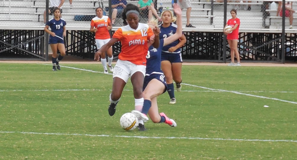 Sophomore Johmonique Smith (Cienega HS) put the Aztecs on the board in the 6th minute as the Aztecs defeated Chandler-Gilbert Community College 2-0 earning their sixth shutout victory of the season. The Aztecs are 12-4-1 on the season. Photo by Raymond Suarez.