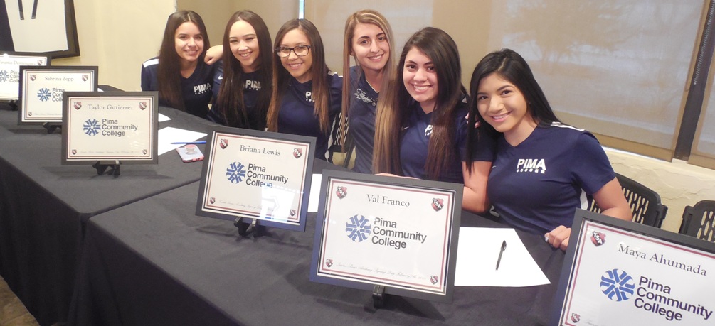 The Aztecs signed six player from Tucson Magnet High School at the TSA soccer signing event. (Left to right): Yesenia Dominguez, Sabrina Zepp, Taylor Gutierrez, Briana Lewis, Val Franco and Maya Ahumada. Photo by Raymond Suarez
