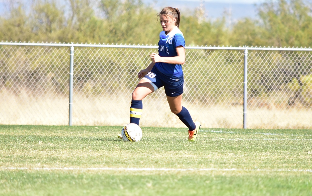 Sophomore Taylor Bigelow was one of three Pima women's soccer defenders to be named to the All-ACCAC Conference/Region I teams. The Aztecs had four players make the teams. The Aztecs host the Region I, Division I semifinals on Thursday at 6:00 p.m. at Kino North Stadium. Photo by Ben Carbajal.