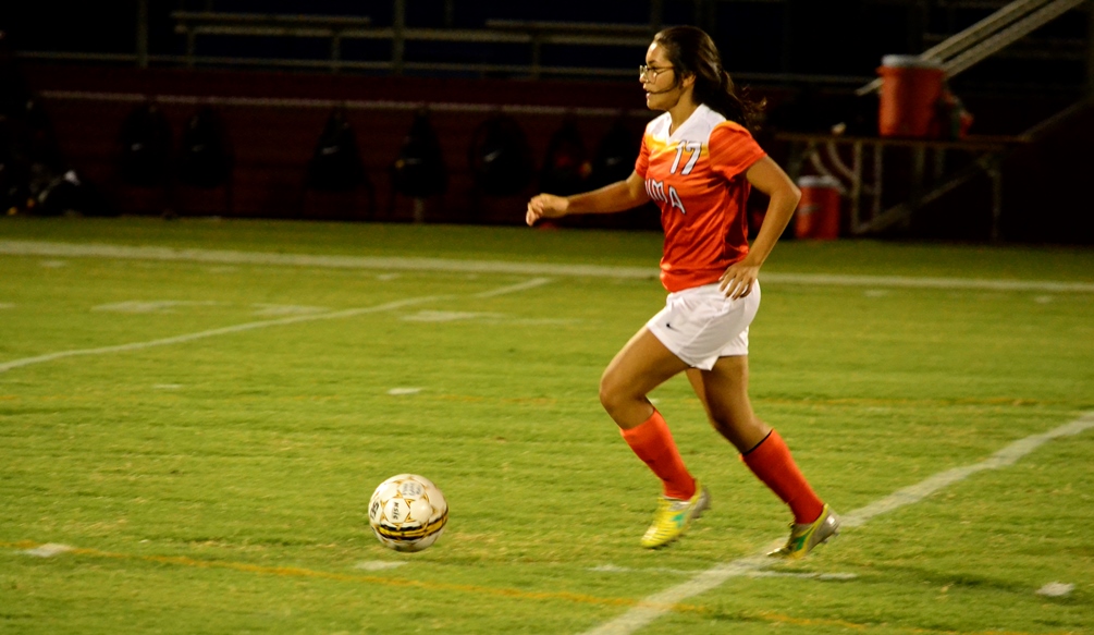 Freshman Annalisa Verdugo (Pueblo HS) added to Pima's lead as the Aztecs beat Mesa Community College 3-0 for their sixth straight win and third straight shutout win. The Aztecs are 14-4-1 on the season. Photo by Ben Carbajal.