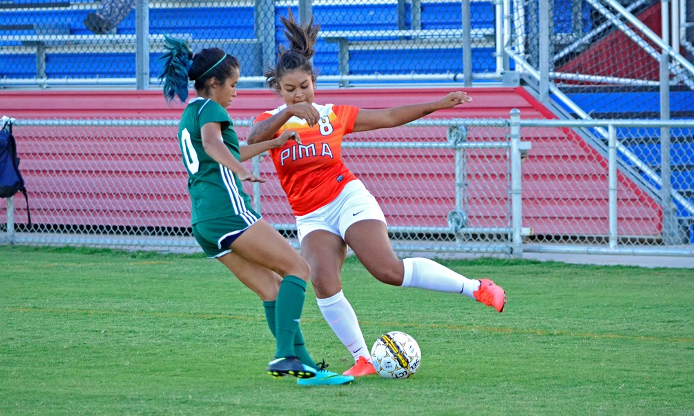 Sophomore Daelyn Mayer was one of five Aztecs to score a goal in Pima's 8-0 rout against Glendale Community College. The Aztecs have won five straight and are now 13-4-1 on the season. Photo by Ben Carbajal.