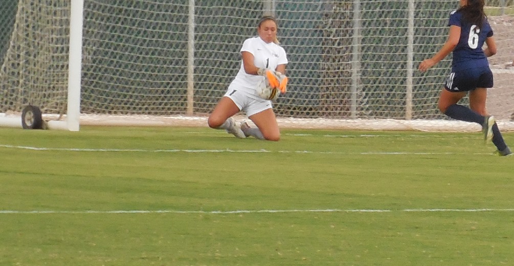 Sophomore Tara Kase made three crucial saves in the second half as the Aztecs women's soccer team shut out No. 19 Arizona Western College 1-0. The Aztecs finished the regular season at 15-4-1 and claim the No. 2 seed for the NJCAA Region I, Division I Tournament next week. Photo by Raymond Suarez