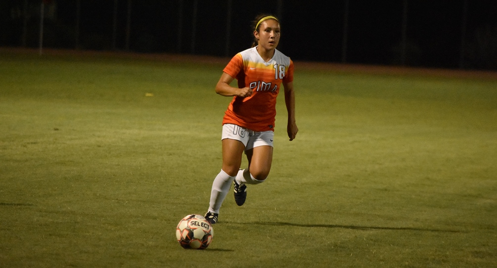 Freshman Taylor Gutierrez (Tucson HS) scored Pima's goal in the 80th minute but the Aztecs surrendered two goals in the first four minutes of play. Pima lost 3-1 at No. 8 ranked Phoenix College. The Aztecs are now 8-7-3 on the season. Photo by Ben Carbajal