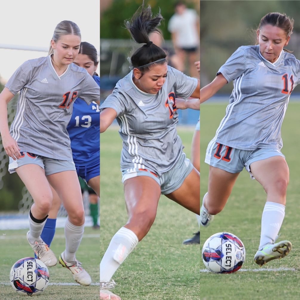 Sophomores Kyleigh Oliver (Salpointe Catholic HS) and Samantha Michel (Walden Grove HS) earned All-ACCAC Conference and All-Region recognition while freshman Solaris Graves (Ironwood Ridge HS) was named All-Region. The No. 3 seeded Aztecs play at No. 1 Phoenix College on Saturday in the NJCAA Region I, Division II Finals at 6:00 p.m. Photos by Stephanie van Latum
