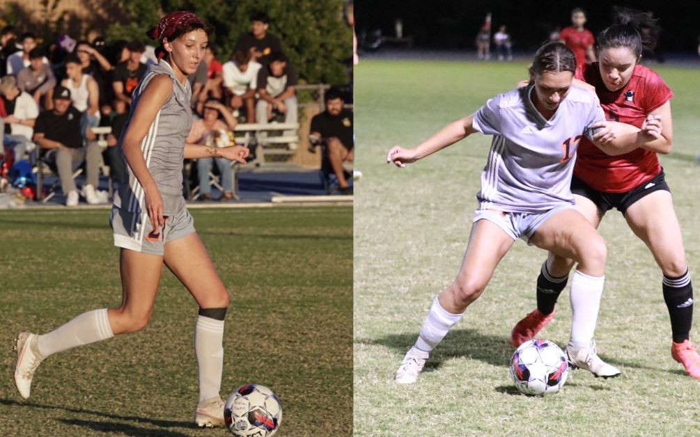 Freshmen Ariela Sanchez-Hermosillo (Sahuaro HS) and Amber Conner (Tanque Verde HS) were two of the seven goalscorers for the Aztecs as they closed the regular season with a 7-0 win over South mountain Community College. The Aztecs will be the No. 3 seed at next week's NJCAA Region I, Division II Tournament. Photos by Stephanie van Latum and Steve Escobar