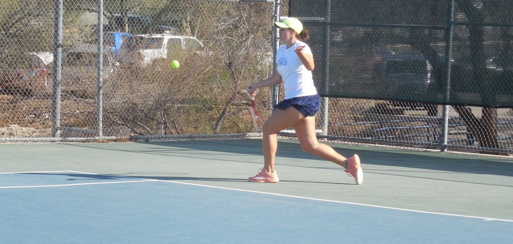 Sophomore Emma Oropeza (Nogales HS) helped the Aztecs earn their second win over a ranked opponent. They beat Mesa 8-1, Oropeza won her No. 1 singles match 6-3, 7-6 (7-3 in the tiebreaker). Photo by Raymond Suarez