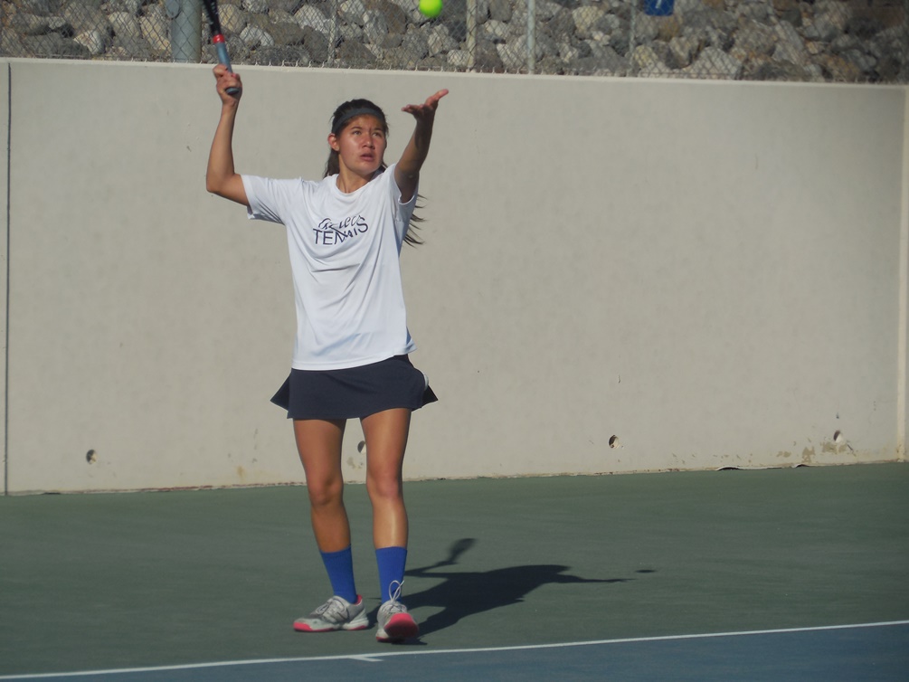 Freshman Ashley Fitzsimmons (Walden Grove HS) advanced to Tuesday's quarterfinal match at No. 5 singles. She beat Eastern Arizona College's Ashlyn Trejo 6-1, 6-1 in Monday's round of 16. Photo by Raymond Suarez