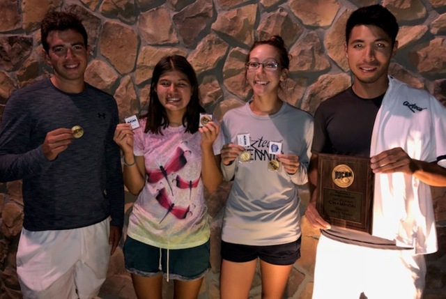 Freshman Ashley Fitzsimmons (second from left) and sophomore Jayme Shafer claimed the No. 3 doubles flight championship. Fitzsimmons and Shafer also won the No. 5 and No. 6 singles title respectively. Here with Scott Mantelman (No. 3 singles champion) and Tomothy Ou (No. 1 singles champion). Photo courtesy of Ian Esquer