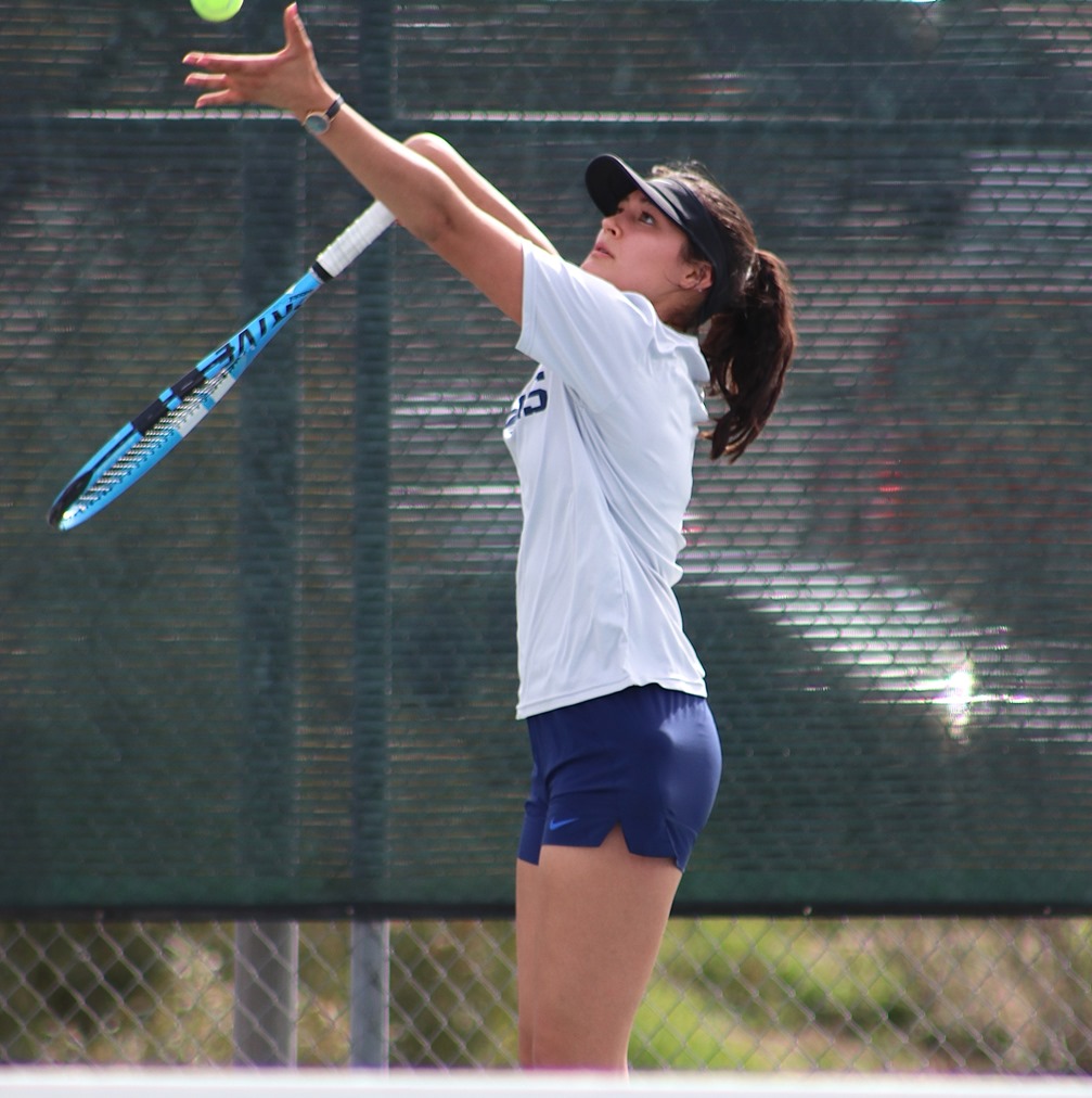 Freshman Jazmin Nunez (Cholla HS) earned one of two wins in singles play for the Aztecs. She beat Brooke MacLay at No. 5 singles 7-5, 6-3. The Aztecs fell to No. 15 Mesa Community College 7-2 snapping a three-match winning streak. Pima is now 3-3 overall. Photo by Stephanie Van Latum