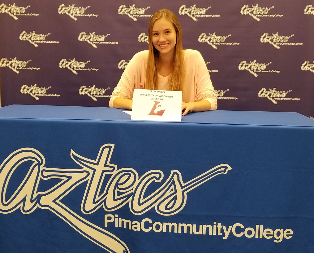 Sophomore Elyse Weber (Sabino HS) signed her letter of intent to continue her education and collegiate career at the University of Wisconsin-La Crosse. She had 67 kills, 34 blocks and 22 digs in her career at Pima. Photo by Raymond Suarez