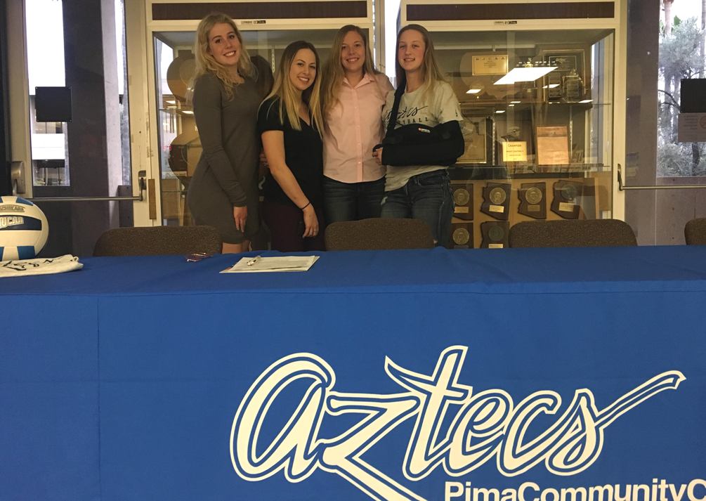 Ashlee Sappington (third in the photo) signed her letter of intent to play for the Pima volleyball program next season. She had 157 kills as a senior for Marana Mountain View HS. She was joined by Caley Bringmann, Kayli Riesgo and Kaitlin Schmich. Photo courtesy of Dan Bithell