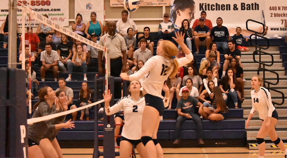 Sophomore Jamie Ricksecker contributed with six kills and six blocks as the Aztecs volleyball team fell in a five set tie-breaker at Chandler-Gilbert Community College. The Aztecs are 7-14 overall and 4-7 in ACCAC conference play. Photo by Ben Carbajal.