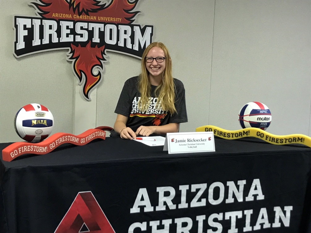 Sophomore middle blocker and outside hitter Jamie Ricksecker (Pusch Ridge Christian HS) signed her letter of intent to Arizona Christian University, an NAIA school in Phoenix. Photo courtesy of Jamie Ricksecker