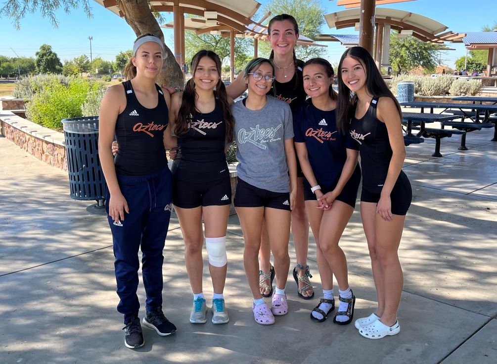 The Aztecs Women's Cross Country team took second place at the NJCAA Region I, Division I Championships on Friday at Glendale Heroes Regional Park. The Aztecs finished 6-10 in the race and all claimed All-Region honors. Left to right: Candice Pocase, Yaxiri Ortiz, Oksana Giron, Emalyn Brown, Mykayla Tarwater and Marissa Lopez. Photo by Raymond Suarez