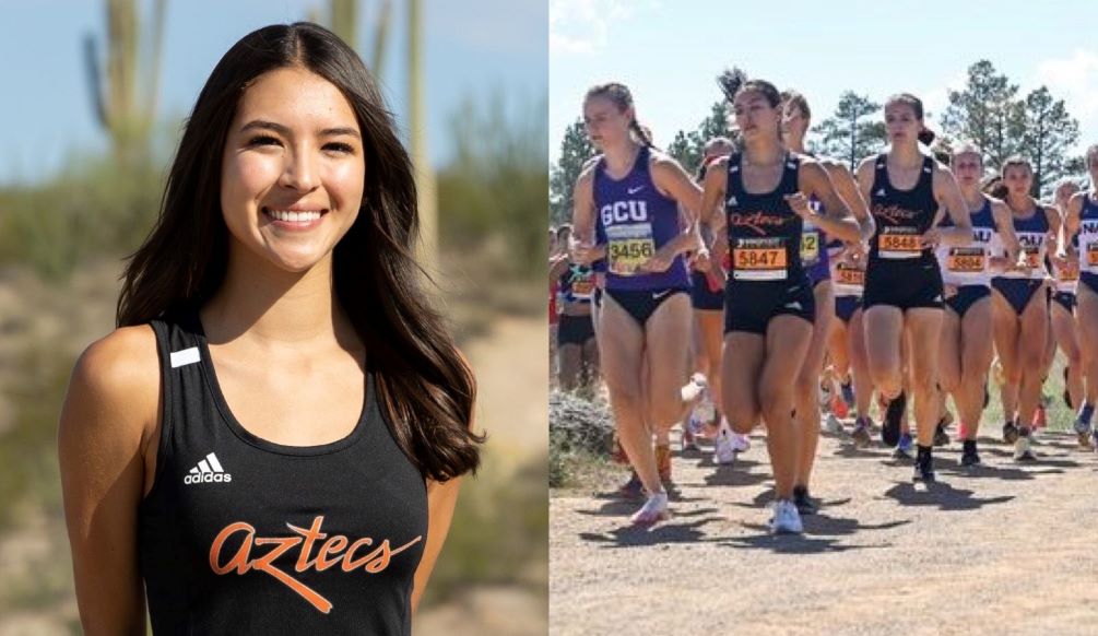 Sophomore Marissa Lopez (Sahuarita HS) finished the 2.5-mile race in seventh place amongst ACCAC competitors (25th overall) with a time of 19 minutes, 27.4 seconds. Headshot by Stephanie van Latum. Action photo courtesy of Hannah Johnson/NAU Athletics