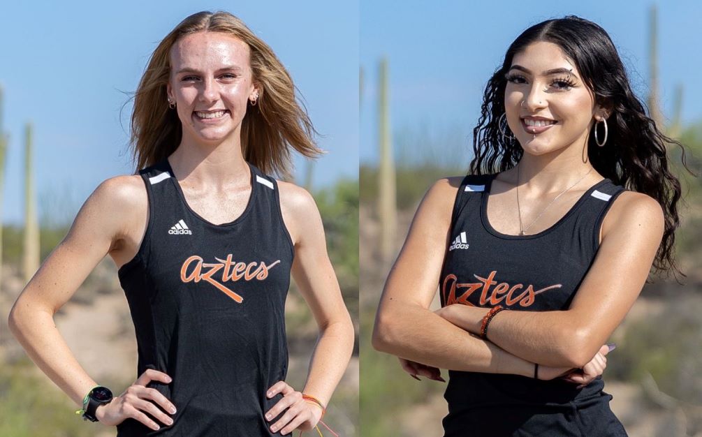 Freshman Reatta Danhof (Ironwood Ridge HS) was the top Pima finisher in thw 2.5-mile race as she took eighth place with a time of 17:12.9 while fellow freshman Mariah Cruz (Mountain View HS) placed ninth at 17:40.7. The Aztecs took second place in the open division of the George Kyte Invitational with 68 points. Photos by Stephanie van Latum