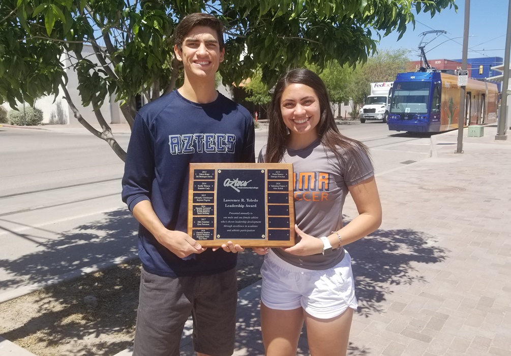 Red-shirt freshmen and Tucson Magnet High School graduates Alex Kelch (Baseball) and Valentina Franco (Women's Soccer) were named the 2020 Lawrence R. Toledo Leadership Award recipients in honor of Pima's first Athletic Director. Photo by Raymond Suarez
