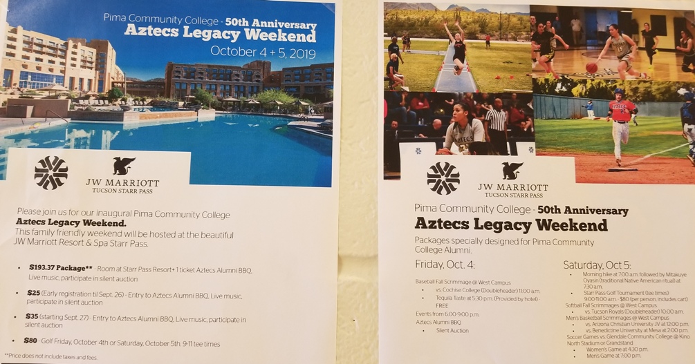 Keep an eye out for these flyers around with information regarding the Aztecs Legacy Weekend. It will be held at the Starr Pass Resort (3800 W. Starr Pass Blvd.) from Oct. 4-5.