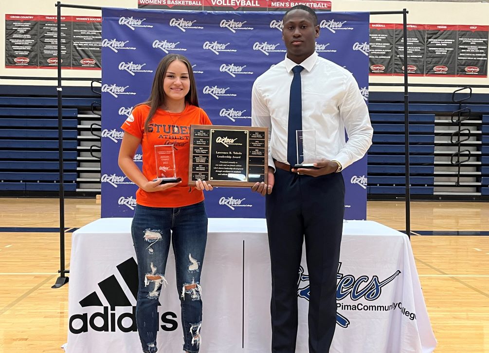 Aztecs Softball freshman Analisa Gomez (University HS) and Track & Field sophomore Joshua Bowen were selected the 2022 Lawrence R. Toledo Leadership Award recipients. These annual awards are in honor of Larry Toledo, Pima's first Athletic Director/ He dedicated over 25 years of service to the college. Photo by Raymond Suarez