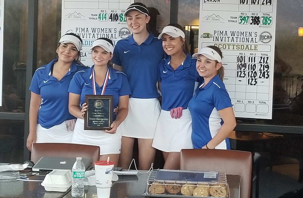 Aztecs women's golf took home the first place team plaque for the first time since 2006 as they won the Pima Invitational on Tuesday at The Views Golf Course. (left to right): Clara Solano, Elizabeth Satterfield, Hallie Lawson, Katelyn Hutchison and Julienne Gonzalez. Photo by Raymond Suarez