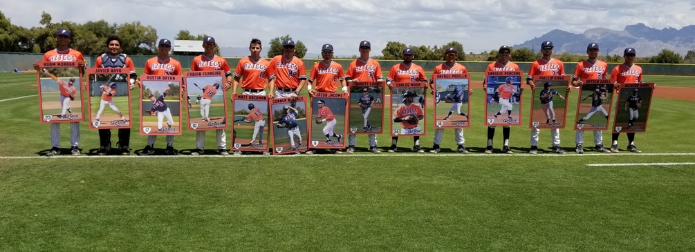 The Aztecs recognized their 14 sophomores before Tuesday's games. The Aztecs earned a spluit with Arizona Western College to improve to 36-16 overall and 22-13 in ACCAC conference play. (Left to right): Adam Moraga, Javier Nava, Austin Bryan, Fabian Ferreira, Matthew Hackman, Conner Nantkes (Coach Ken Jacome holding his poster), Jacob Jacome, Garett Lake, Carlos Mada, Rafael Padilla, Enrique Porchas, Phillip Sikes, Hayden Udall and Richard Ware. Photo by Raymond Suarez