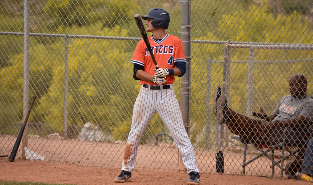Freshman Cole Cummings became the seventh Pima baseball player this season to be selected ACCAC Division I Player of the Week. He batted .615 (8 for 13) with 12 RBIs, eight runs scored, three triples, two homers, five walks and two stolen bases as the Aztecs went 3-1 against Eastern Arizona College and Cochise College. Photo by Ben Carbajal