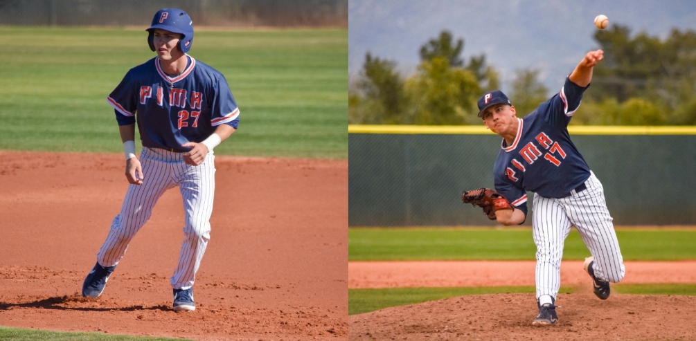 Sophomores Phillip Sikes and Austin Bryan (Sahuarita HS) were named ACCAC Division I Player and Pitcher of the Week respectively. Sikes batted .533 with five RBIs and five runs while Bryan went 2-0 on the mound giving up one run (one earned) with 15 strikeouts. Photos by Ben Carbajal