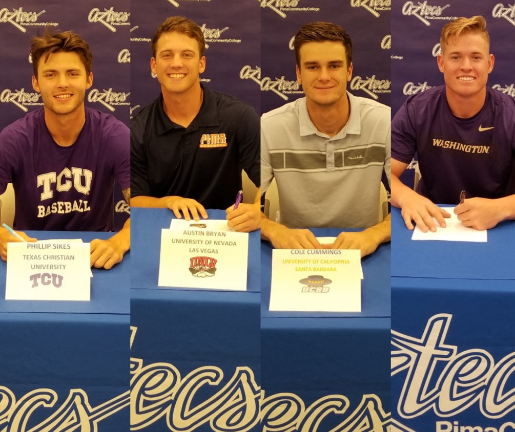 Aztecs baseball players Phillip Sikes (TCU), Austin Bryan (UNLV), Cole Cummings UC Santa Barbara) and Karl Koerper (Washington), all signed their NCAA Division I scholarships to continue to their education and collegiate careers. Photo by Raymond Suarez