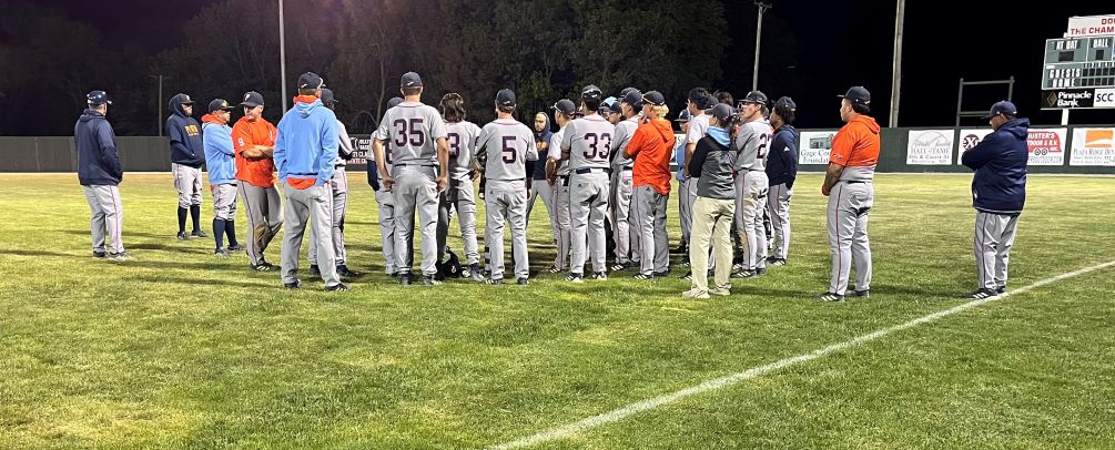 The Pima Baseball team gathers after their 8-6 loss to Southeast Community College that ends their season. The Aztecs finished 46-18 overall; the most wins in a season since 1985 and their first 40+ win season since 1991. Photo by Raymond Suarez