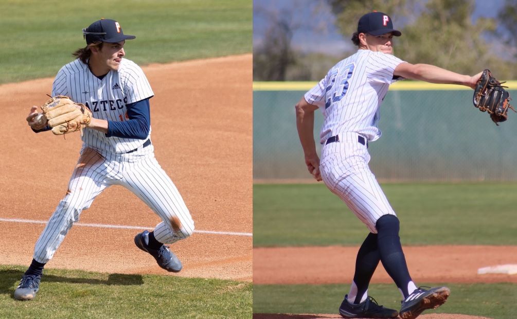 Sophomore Rocco Gump (Seton Catholic HS) had three RBIs while sophomore LHP Anthony Imhoff (Queen Creek HS) picked up the win as the No. 3 seeded Aztecs beat No. 2 South Mountain Community College 5-4 to advance to the NJCAA Region I, Division I Finals. Photos by Stephanie van Latum