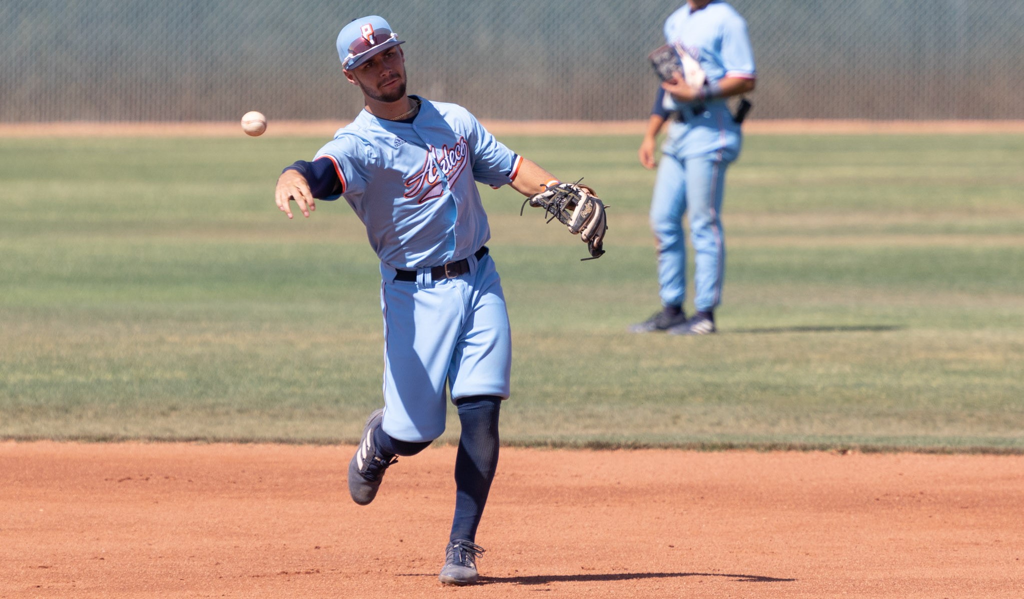 Sophomore Braedon Mondeau (Cienega HS) produced with a two-run RBI single in the second game as the Aztecs baseball team split at Eastern Arizona College to finish the regular season at 41-15 overall and 26-12 in ACCAC play. They will be the No. 3 seed and will play a best-of-3 series at No. 2 South Mountain Community College in the NJCAA Region I, Division I Semifinals. Photo by Stephanie van Latum