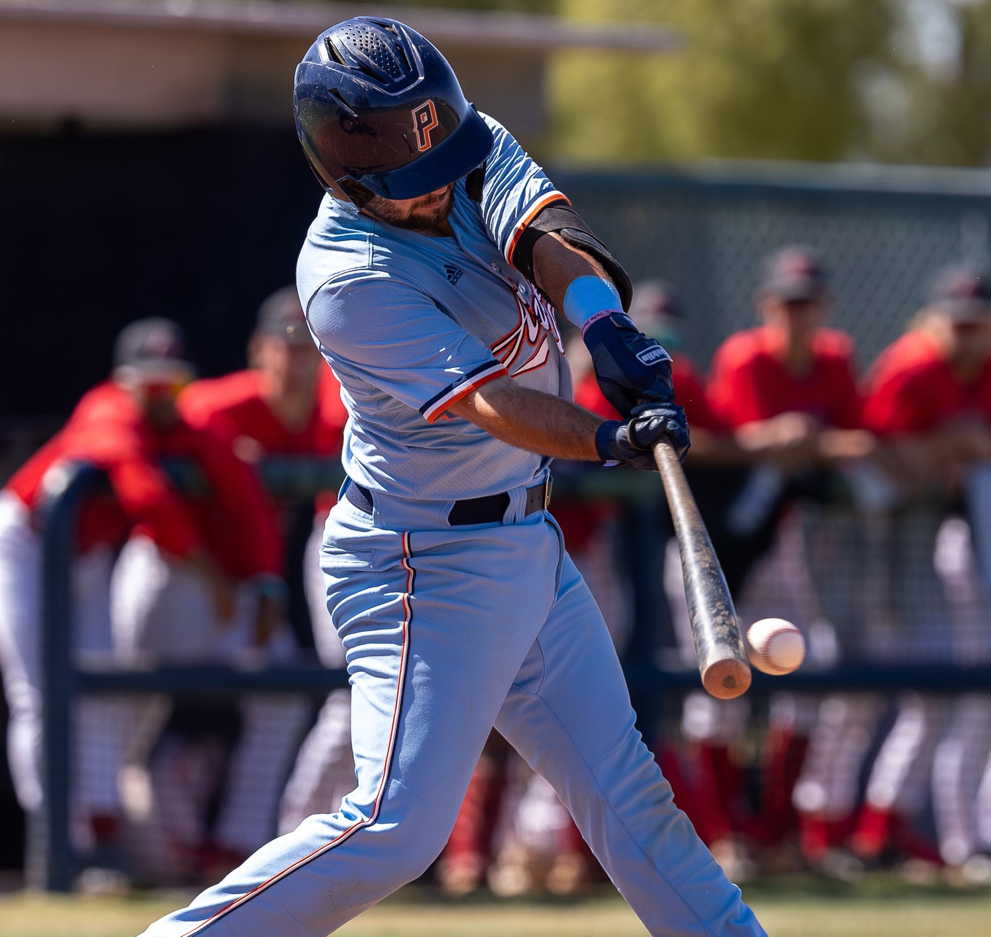 Sophomore Caleb Herd (Cienega HS) hit a two-run home run in the 6th inning to put the Aztecs ahead but Pima fell in the end 7-5 to the College of Southern Nevada in the opening game of the NJCAA West District Tournament.- Herd went 1 for 3 with two RBIs and a run scored. The Aztecs play in an elimination game on Friday at 9:00 a.m. at south Mountain Community College. Photo by Gilbert Alcaraz