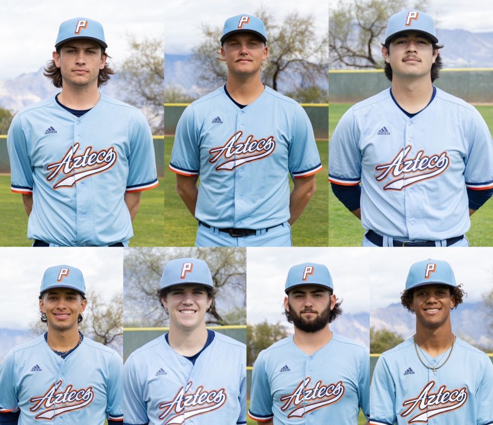 Seven Aztecs Baseball players were selected to the All-ACCAC conference and/or the All-Region I, Division I teams. (Top) J.T. Drake, Garrett Hicks, Diego Alvarez. (Bottom) Nick Arias, Collin Senior, Caleb Herd and Elijah Reeves. Photos by Stephanie van Latum and Danielle Main