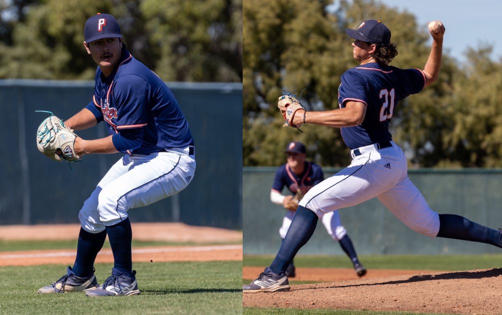 Sophomore Diego Alvarez (Sahuarita HS) and freshman Nate Gray (Queen Creek HS) picked up the wins on the mounds as the No. 19 ranked Aztecs swept Phoenix College 4-1 and 9-0. The Aztecs have won 10 of their last 12 games and are now 32-10 overall and 18-8 overall. Photos by Gilbert Alcaraz