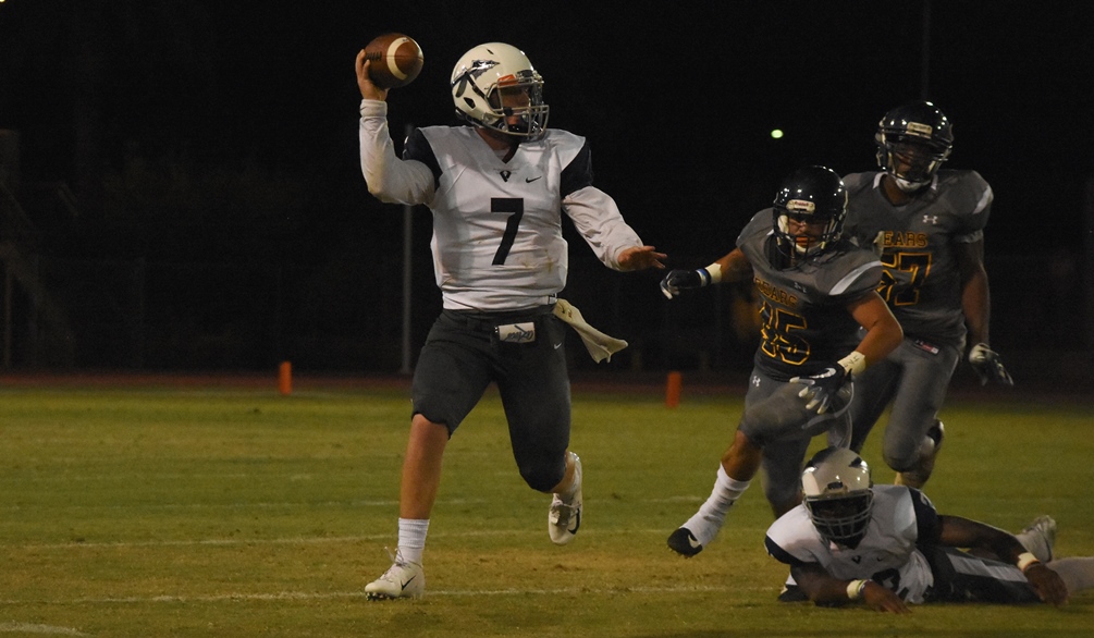 Freshman quarterback Brooks Ringer went 17 for 23 with 226 yards passing with two touchdowns and one interception but the No. 11 ranked Aztecs fell at No. 8 Snow College 64-17. The Aztecs are now 6-2 overall and 4-1 in WSFL play. Photo by Ben Carbajal