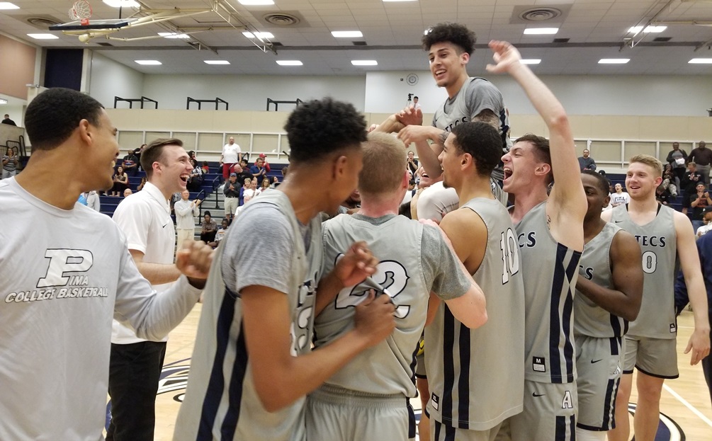 Sophomore Abram Carrasco (Cholla HS) broke the Pima all-time career scoring record after he scored 12 points in Pima's 101-77 win over Glendale Community College in the Region I, Division II semifinals. He broke Greg Cook's record set in 1980 of 1,240 points. Carrasco now has 1,241. The Aztecs play Scottsdale Community College in the finals on Friday at 7:00 p.m. Photo by Raymond Suarez