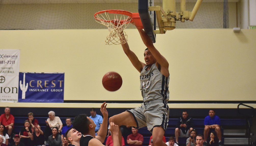 Freshman Rashad Smith (Hamilton HS) flirted with a triple-double as he finished with 19 points, 10 rebounds and six assists in Pima's 105-73 win over Pitt Community College in an NJCAA Division II tournament consolation game. The Aztecs will play Ancilla College (IN) in the seventh place game on Saturday at 10:00 a.m. (MST). Photo by Ben Carbajal