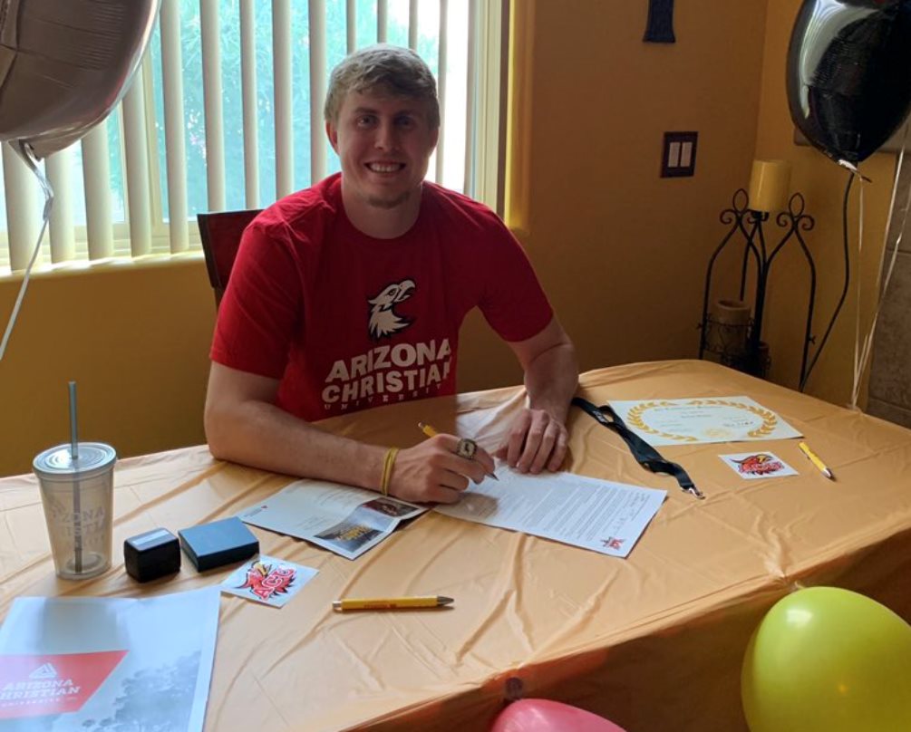 Sophomore forward Robert Wilson (Salpointe Catholic HS) signed his letter of intent to play at Arizona Christian University, an NAIA school in Phoenix, AZ. The Firestorm play in the Golden State Athletic Conference. He had 16 double-doubles on the season and was named second team All-ACCAC and first team All-Region I, Division II. Photo courtesy of Robert Wilson