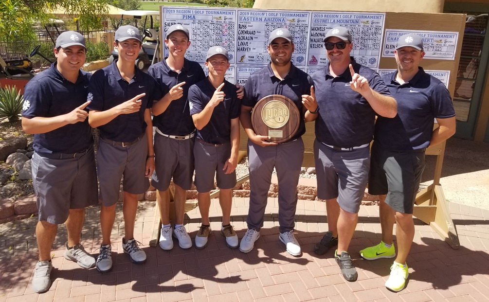The Aztecs men's golf team claimed its fourth NJCAA Region I, Division I title in five years. The Aztecs produced their best round of the season shooting a 3-under par 277 on the final day. All five Aztecs players were named All-Region. (Left to right): Assistant Coach Ben Esparza, Luis Riesgo, Cody Goza, Samuel Salisbury, Diego Cueva-Schraidt, Curtis Goldin and Head Coach Rich Elias. Photo by Raymond Suarez