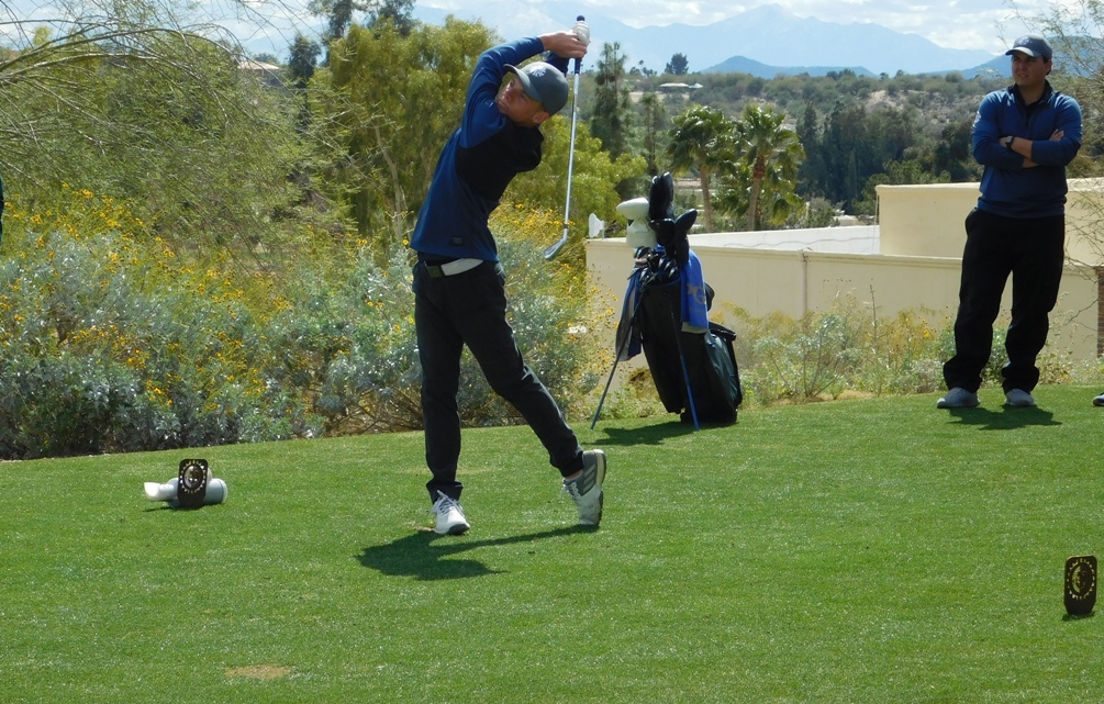 Freshman Samuel Salisbury (Walden Grove HS) produced the best individual two-day total for the Aztecs at the Estrella Mountain Invitational. He shot an even-par 72 on Tuesday and finished with a 148 (76-72). The Aztecs took fourth place in the team standings. Photo by Raymond Suarez