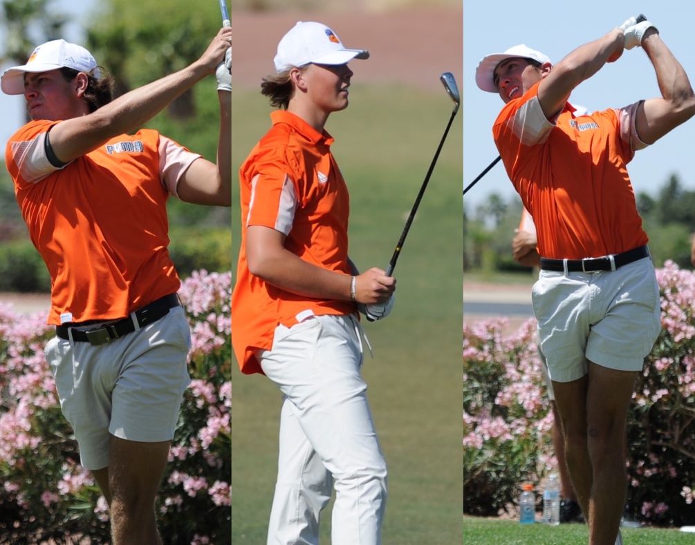 Freshmen Daniel Henely (Cienega HS), Max Krueger (Salpointe Catholic HS) and Jay Shero each shot a 2-under par 70 on the day as the Aztecs moved to a tie for 14th place in the team standings with a three-day score of 893 (308-300-285). Photos by Raymond Suarez